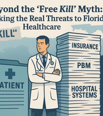 Editorial illustration of a doctor surrounded by towering layers of bureaucracy.