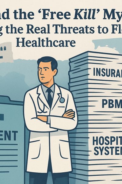 Editorial illustration of a doctor surrounded by towering layers of bureaucracy.