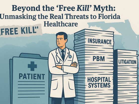 Editorial illustration of a doctor surrounded by towering layers of bureaucracy.