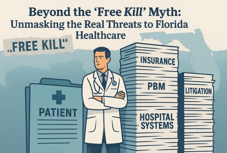 Editorial illustration of a doctor surrounded by towering layers of bureaucracy.