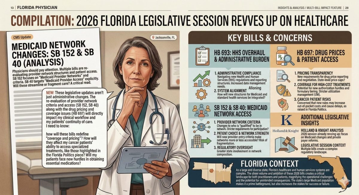 A legislative watch infographic for Florida doctors, with the headline "The Bills That Will Reshape Your Practice." It highlights key topics like scope of practice expansion and Medicaid reform. It lists three specific bills: HB 693 for Scope & CON, HB 697 for Drug Pricing, and SB 152 for Medicaid Access.