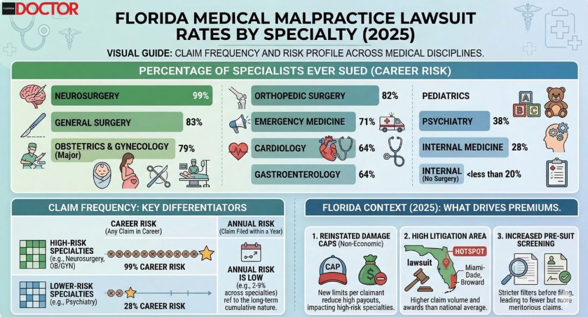 This infographic provides insights into the risk of doctors being sued, according to their specialty.