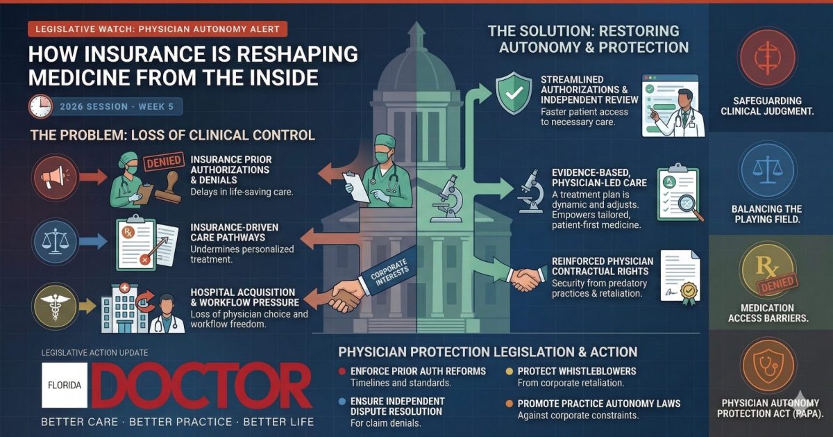 Insurance Overreach in Surgery​. An infographic titled "When Control Leaves the Operating Room," illustrating how insurance and corporate interests interfere with medical practice. The image features a large fist labeled "Corporate Interests" grasping a stethoscope from a doctor, with documents marked "Prior Auth Denied" and "Coverage Limit." It includes various sections on data overrides, clinical autonomy loss, and corporate pressure, as well as several smaller images on legal, pharmaceutical, and other professional themes. The bottom left features the "Florida Doctor" logo with the text "Better Care · Better Practice · Better Life."
