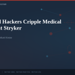 Florida Doctor Magazine breaking news hero graphic — Iran-linked hackers cripple medical device giant Stryker, cybersecurity threat visualization with network nodes and warning symbols