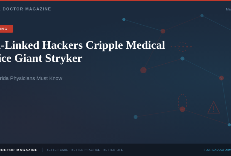 Florida Doctor Magazine breaking news hero graphic — Iran-linked hackers cripple medical device giant Stryker, cybersecurity threat visualization with network nodes and warning symbols