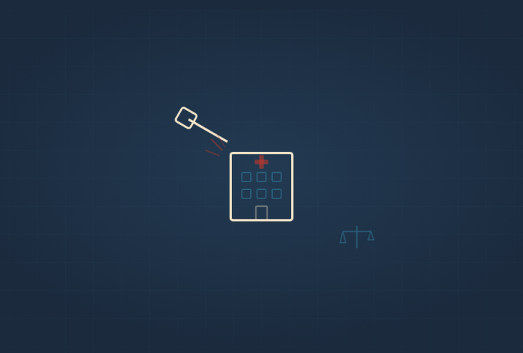 FDM illustration - gavel striking hospital building