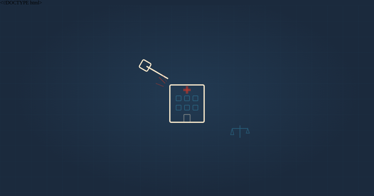 FDM illustration - gavel striking hospital building