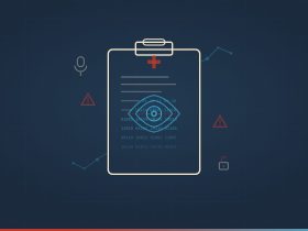 Florida Doctor Magazine illustration — medical clipboard with AI surveillance eye and binary data, symbolizing AI scribes recording patient encounters without consent