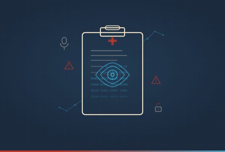 Florida Doctor Magazine illustration — medical clipboard with AI surveillance eye and binary data, symbolizing AI scribes recording patient encounters without consent