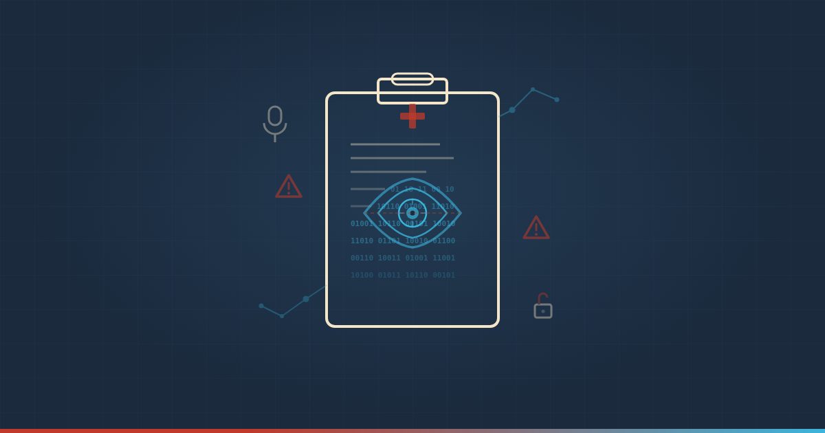Florida Doctor Magazine illustration — medical clipboard with AI surveillance eye and binary data, symbolizing AI scribes recording patient encounters without consent