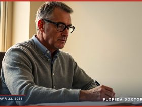 Mid-career Florida physician at his desk reviewing prior authorization paperwork — Florida Doctor Magazine Issue 15, April 22, 2026.