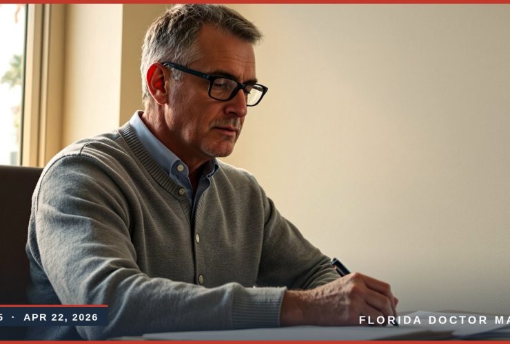 Mid-career Florida physician at his desk reviewing prior authorization paperwork — Florida Doctor Magazine Issue 15, April 22, 2026.
