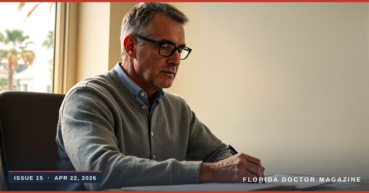 Mid-career Florida physician at his desk reviewing prior authorization paperwork — Florida Doctor Magazine Issue 15, April 22, 2026.