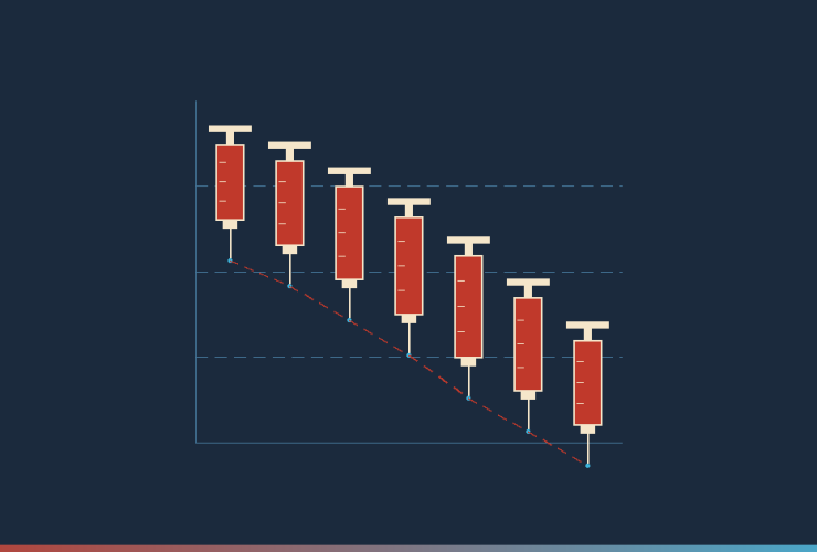 Florida Doctor Magazine hero graphic — red syringe-shaped candlestick chart descending as a dashed red trend line traces a sharp downward plunge, illustrating UnitedHealth Group stock pressure