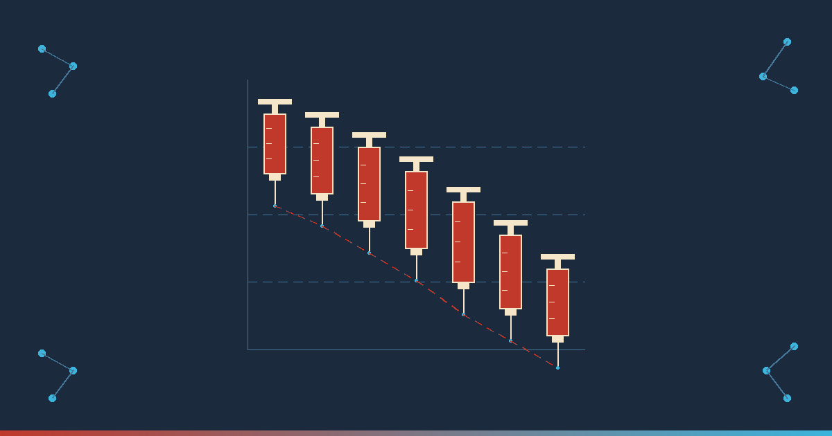 Florida Doctor Magazine hero graphic — red syringe-shaped candlestick chart descending as a dashed red trend line traces a sharp downward plunge, illustrating UnitedHealth Group stock pressure