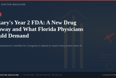 Hero image for FDM news post: Makary Year 2 FDA wishlist — Plausible Mechanism Pathway, PDUFA fees, rare disease vouchers. Florida Doctor Magazine red NEWS badge on navy background.