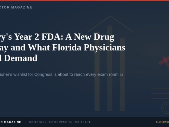 Hero image for FDM news post: Makary Year 2 FDA wishlist — Plausible Mechanism Pathway, PDUFA fees, rare disease vouchers. Florida Doctor Magazine red NEWS badge on navy background.