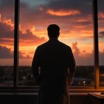 A Florida physician in a white coat stands silhouetted at a high-rise office window at golden hour, weighing a decision.