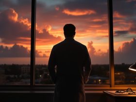 A Florida physician in a white coat stands silhouetted at a high-rise office window at golden hour, weighing a decision.