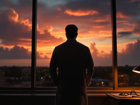 A Florida physician in a white coat stands silhouetted at a high-rise office window at golden hour, weighing a decision.