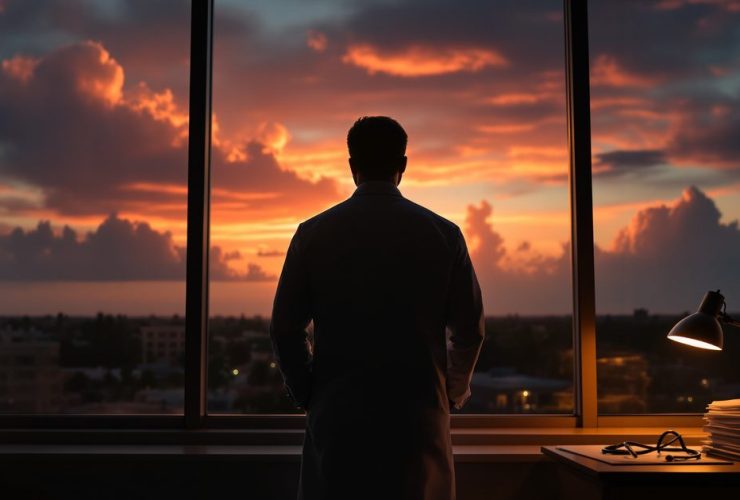 A Florida physician in a white coat stands silhouetted at a high-rise office window at golden hour, weighing a decision.