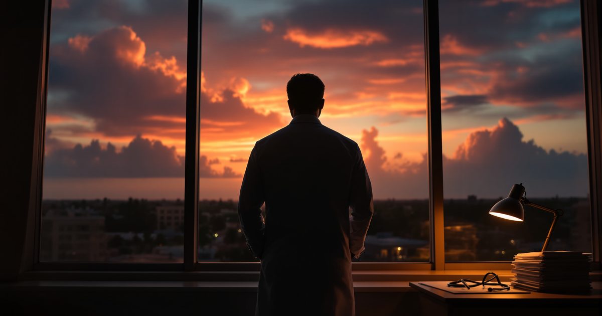 A Florida physician in a white coat stands silhouetted at a high-rise office window at golden hour, weighing a decision.
