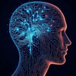 AI-generated illustration: A human head in profile rendered as a glowing teal and cyan neural network merging into circuit-board traces on a deep navy background, evoking human cognition amplified by artificial intelligence