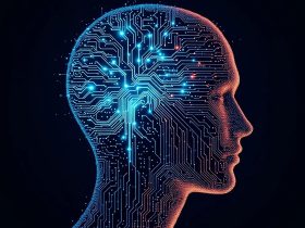 A human head in profile rendered as a glowing teal and cyan neural network merging into circuit-board traces on a deep navy background, evoking human cognition amplified by artificial intelligence