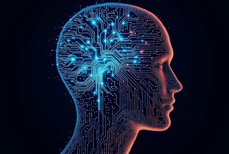 AI-generated illustration: A human head in profile rendered as a glowing teal and cyan neural network merging into circuit-board traces on a deep navy background, evoking human cognition amplified by artificial intelligence