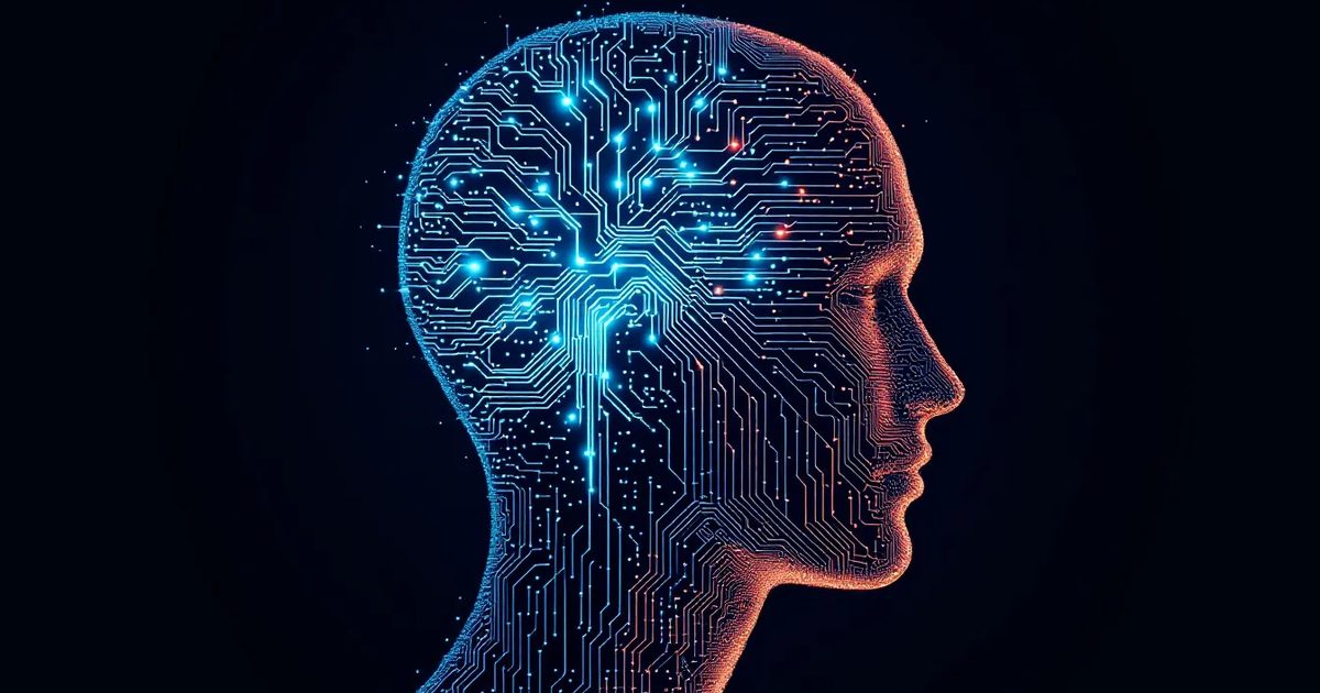 AI-generated illustration: A human head in profile rendered as a glowing teal and cyan neural network merging into circuit-board traces on a deep navy background, evoking human cognition amplified by artificial intelligence