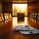 AI-generated illustration: A golden-hour hospital executive boardroom with a folded white physician coat and stethoscope resting on the long conference table, evoking the physician seat in the AI-era C-suite