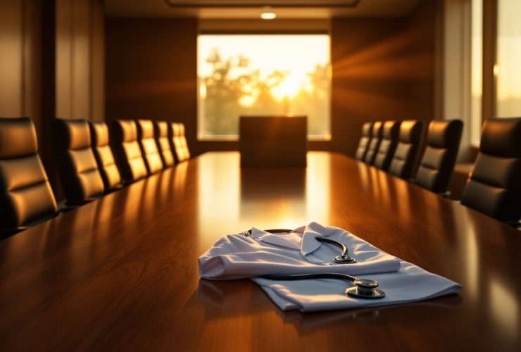 AI-generated illustration: A golden-hour hospital executive boardroom with a folded white physician coat and stethoscope resting on the long conference table, evoking the physician seat in the AI-era C-suite