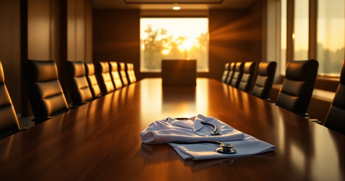 AI-generated illustration: A golden-hour hospital executive boardroom with a folded white physician coat and stethoscope resting on the long conference table, evoking the physician seat in the AI-era C-suite