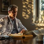 A Florida physician reading at his desk in early morning light