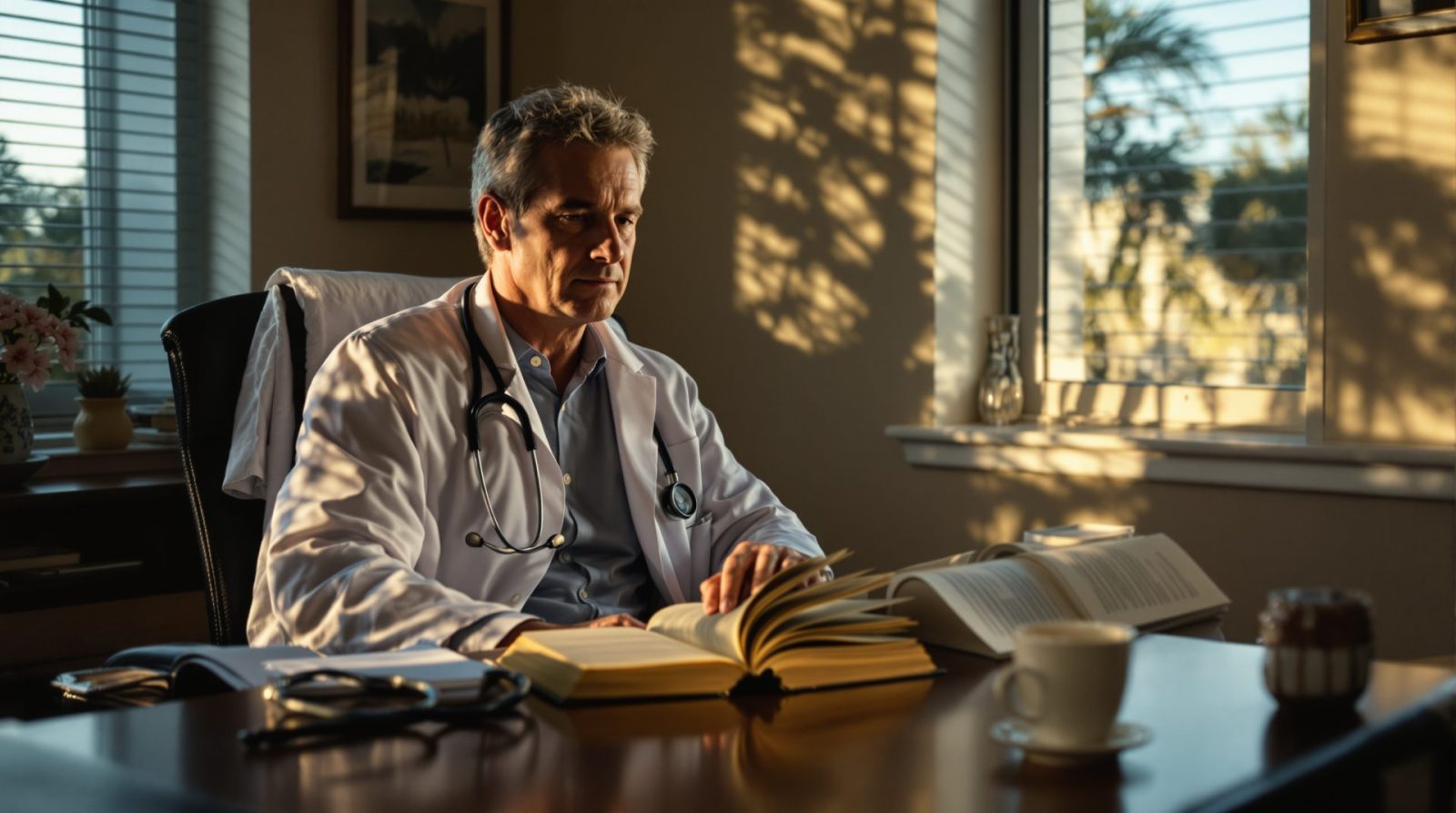 A Florida physician reading at his desk in early morning light
