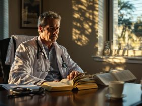 A Florida physician reading at his desk in early morning light