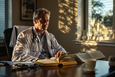 A Florida physician reading at his desk in early morning light