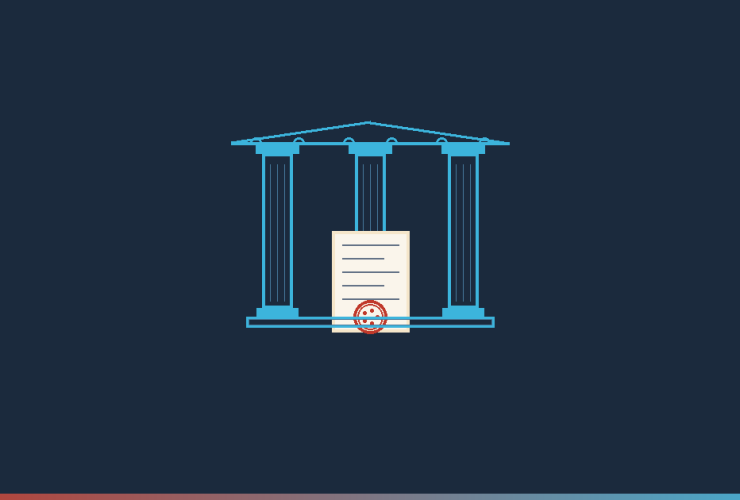 AI-generated illustration: Florida Doctor Magazine hero graphic — legislation theme with classical columns and document seal