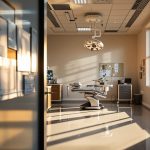 AI-generated illustration: Editorial photograph of a modern Florida office surgery suite at golden hour — empty surgical chair, instrument cart, and architectural blueprints symbolizing HB 1175 building code reform