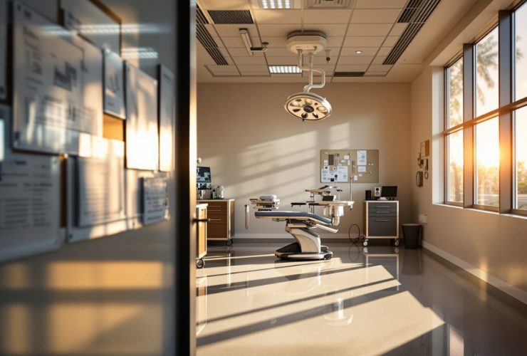 AI-generated illustration: Editorial photograph of a modern Florida office surgery suite at golden hour — empty surgical chair, instrument cart, and architectural blueprints symbolizing HB 1175 building code reform