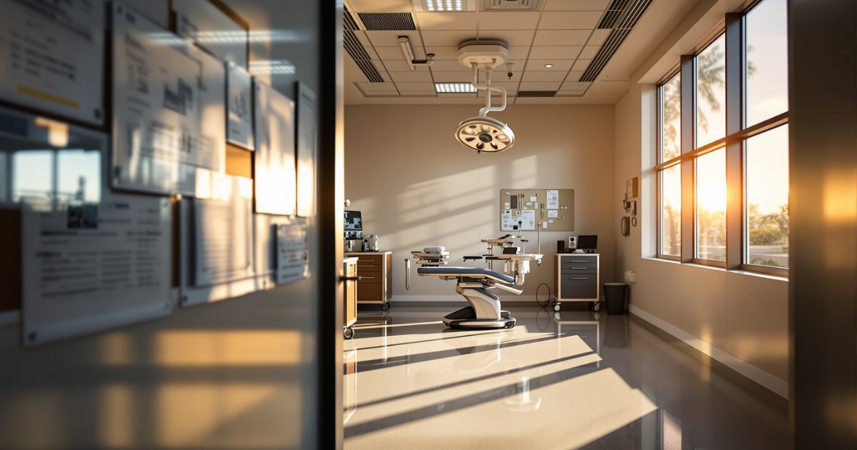 AI-generated illustration: Editorial photograph of a modern Florida office surgery suite at golden hour — empty surgical chair, instrument cart, and architectural blueprints symbolizing HB 1175 building code reform