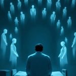 A lone physician sits hunched on the edge of a hospital bed in a dimly lit corridor; ghostly translucent duplicates of the same physician fan out behind in radiating arcs, suggesting the endless mental loop of post-shift rumination