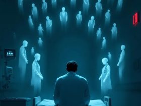 A lone physician sits hunched on the edge of a hospital bed in a dimly lit corridor; ghostly translucent duplicates of the same physician fan out behind in radiating arcs, suggesting the endless mental loop of post-shift rumination