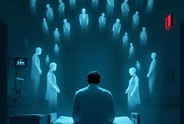 A lone physician sits hunched on the edge of a hospital bed in a dimly lit corridor; ghostly translucent duplicates of the same physician fan out behind in radiating arcs, suggesting the endless mental loop of post-shift rumination