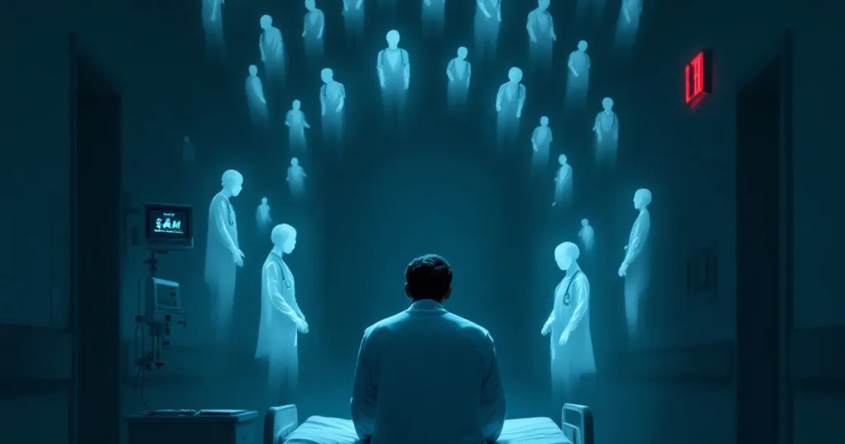 A lone physician sits hunched on the edge of a hospital bed in a dimly lit corridor; ghostly translucent duplicates of the same physician fan out behind in radiating arcs, suggesting the endless mental loop of post-shift rumination