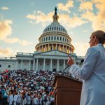 AI-generated illustration: Physician addressing crowd at Capitol Hill healthcare rally