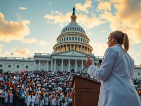 AI-generated illustration: Physician addressing crowd at Capitol Hill healthcare rally
