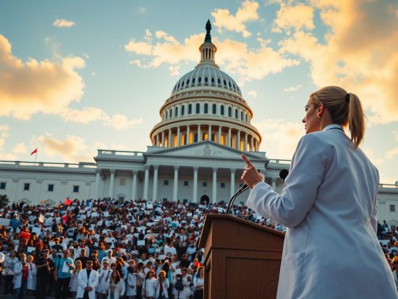 AI-generated illustration: Physician addressing crowd at Capitol Hill healthcare rally