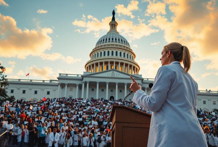 AI-generated illustration: Physician addressing crowd at Capitol Hill healthcare rally