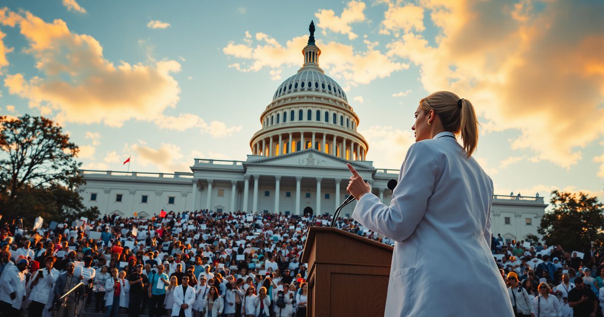 AI-generated illustration: Physician addressing crowd at Capitol Hill healthcare rally